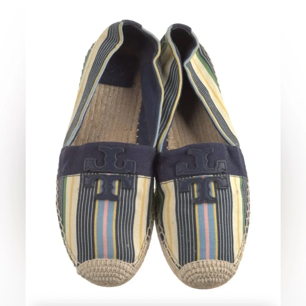 Tory Burch Stripe Espadrilles Size 10 Logo Flats Summer Shoes